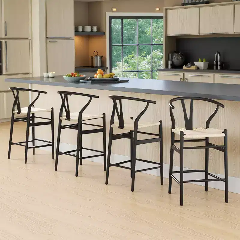 MAYEERTY Beige Fully Assembled Wishbone Weave Bar Stool Modern Sturdy for Kitchen Island