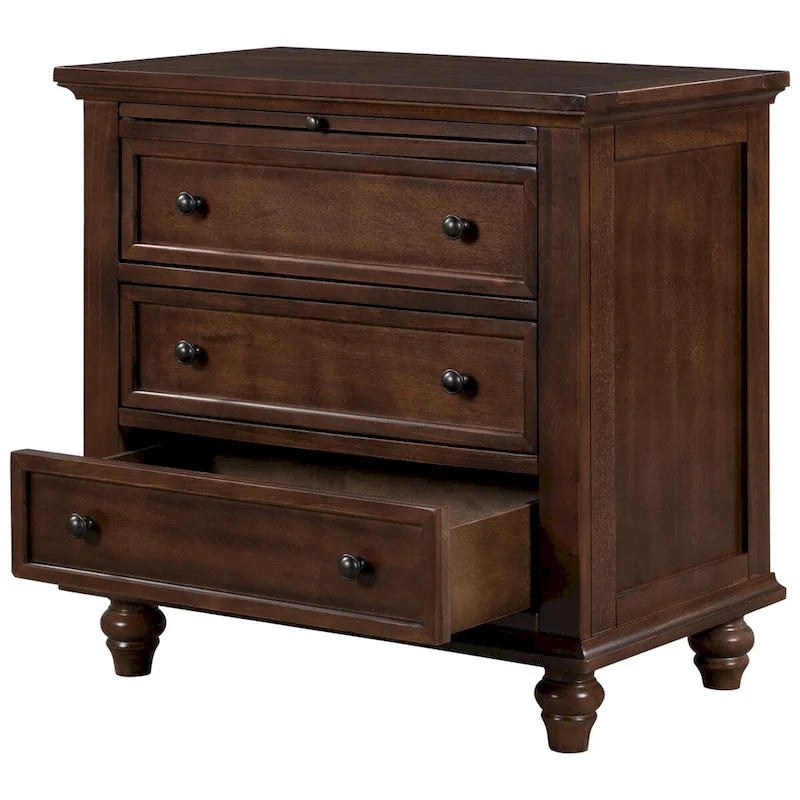 Solid Pine Wood End Table with Pull-out Tray and 3 Drawer, Easy Assembly