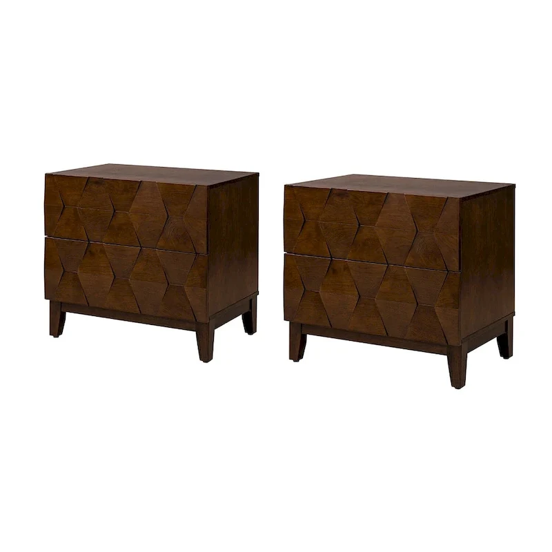 Ethe Mid-Century 2-Drawer Storage Nightstand with Adjustable Solid Wood legs and Charging Station Set of 2 By HULALA HOME