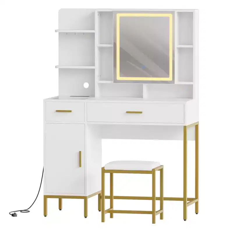 Makeup Vanity Desk, Adult Dressing Table, Vanity Desk with Lights in 3 Colors, Charging Station, Drawers, for Bathroom, Bedroom, White