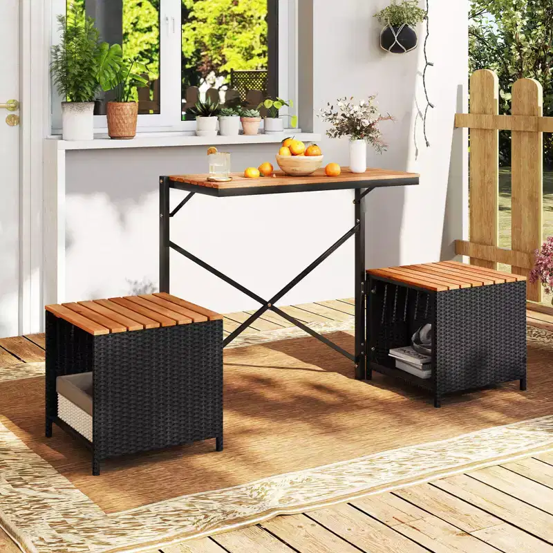 Costway 2-in-1 Outdoor Convertible Bench with Metal Frame PE Rattan Table and Chairs Set