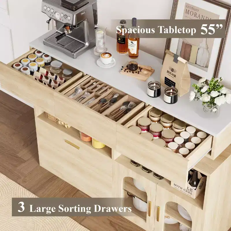 COZONY 55 Coffee Bar Cabinet with 3 Drawers & Charging Station, Kitchen Sideboard Buffet with Adjustable Shelf
