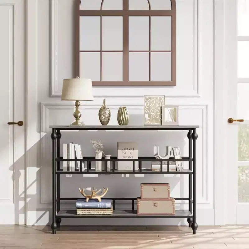 Narrow Console Table Vintage Farmhouse Style 43 Inch Sofa Side Table with 2 Open Shelves Decorative Roman Metal Legs for Living Room Hallway Entryway