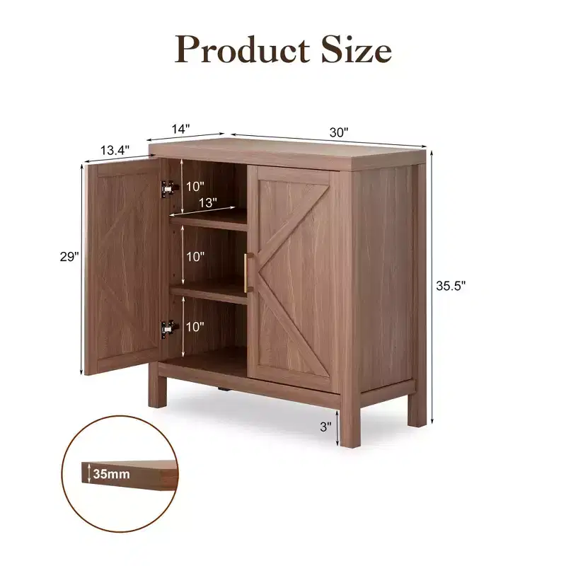 30 Inch Storage Cabinet, Wood Double Door Sideboard with 2 Adjustable Shelves, Rustic Brown Entryway Cabinet for Kitchen, Bedroom, Living Room