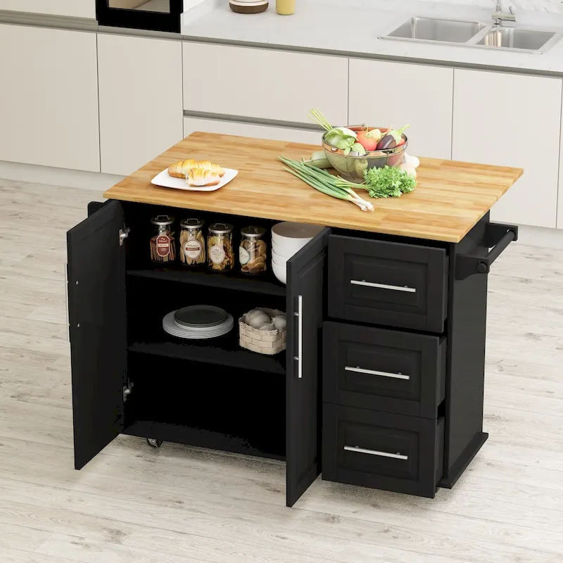 Black / White Rolling Kitchen Island Cart with Drawers & Cabinet – Seats 1