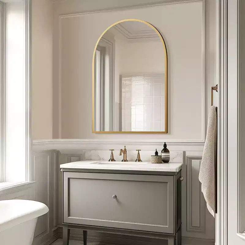 Gold-Colored Arch-Shaped Hanging Mirror with Thin Edge Aluminum Alloy, Right Angle, Double-Sided Installation