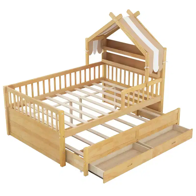 GDFStudio Sanders Wooden House Bed with trundle and Fabric