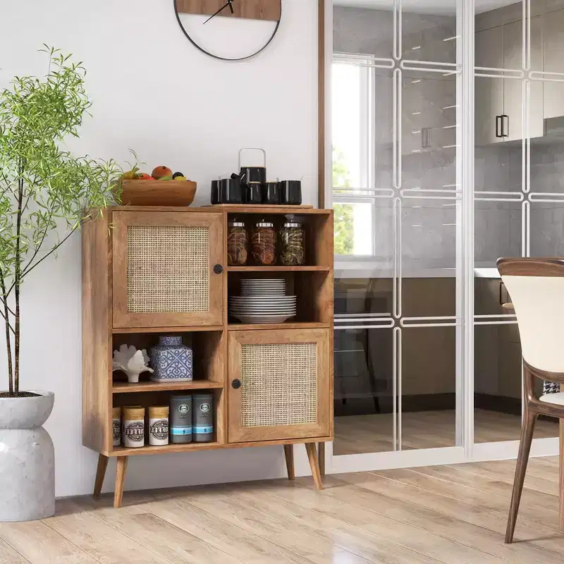 Rattan Door Storage Cabinet with Open Cubbies