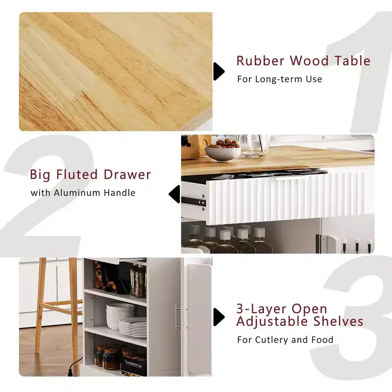 Whisen Classic Style Kitchen Islands on 5 Wheels with 3 Drawer and 3 Open Side Racks
