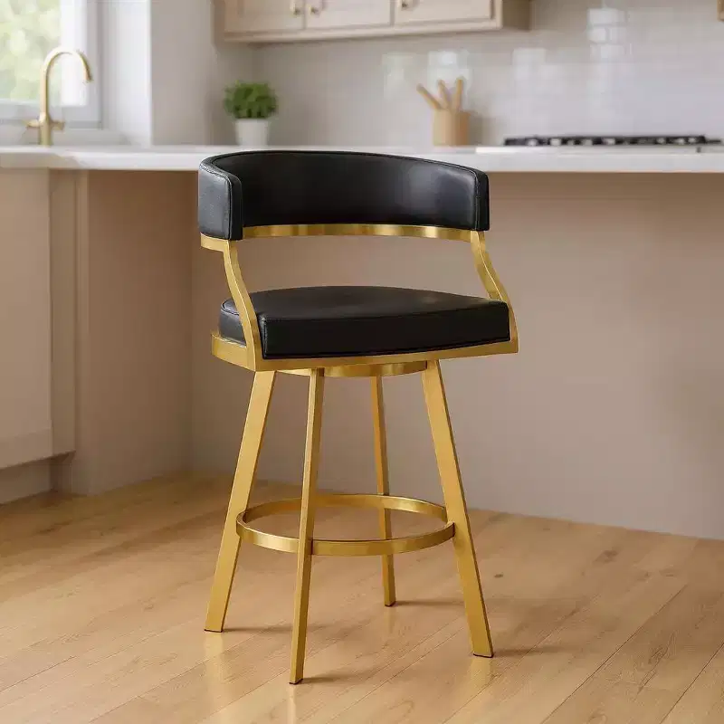 26 Black and Gold Faux Leather and Stainless Steel Low Back Counter Height Swivel Bar Chair