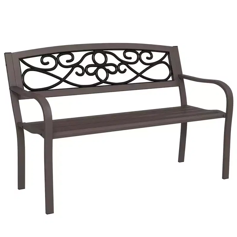 Outsunny Outdoor Bench with Floral Design Backrest, Metal Bench, Brown