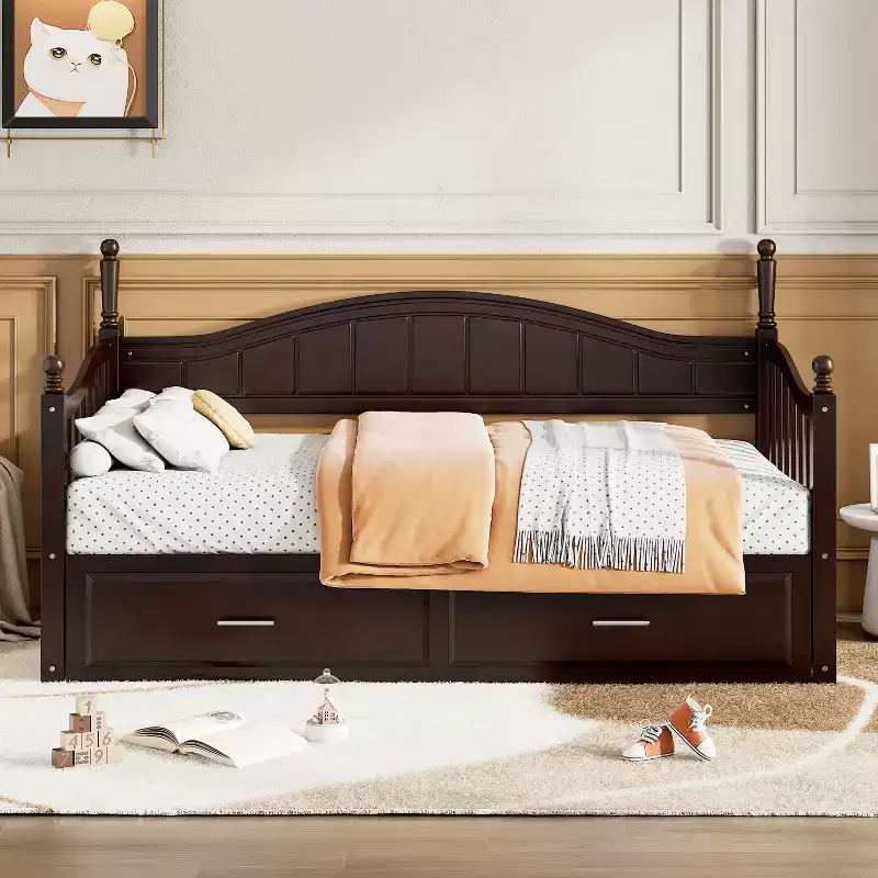 Wooden Daybed with Trundle and 2 Storage Drawers, Extendable Twin to King Size Daybed, Elegant Sofa Bed Frame for Living Room Bedroom
