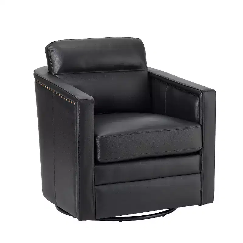 Eulalia 28.74 Wooden Upholstery Wide Genuine Leather Swivel Chair with Swivel Metal Base and Squared Arms| ART OF LIVING DESIGNS-BLACK