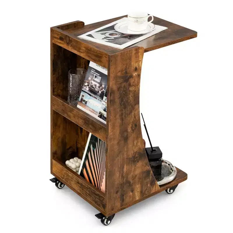 Side Table With Rolling Casters Mobile C-Shaped End Table With 2-Tier Open Storage Shelf &2 Back Storage Compartments Brown/Grey