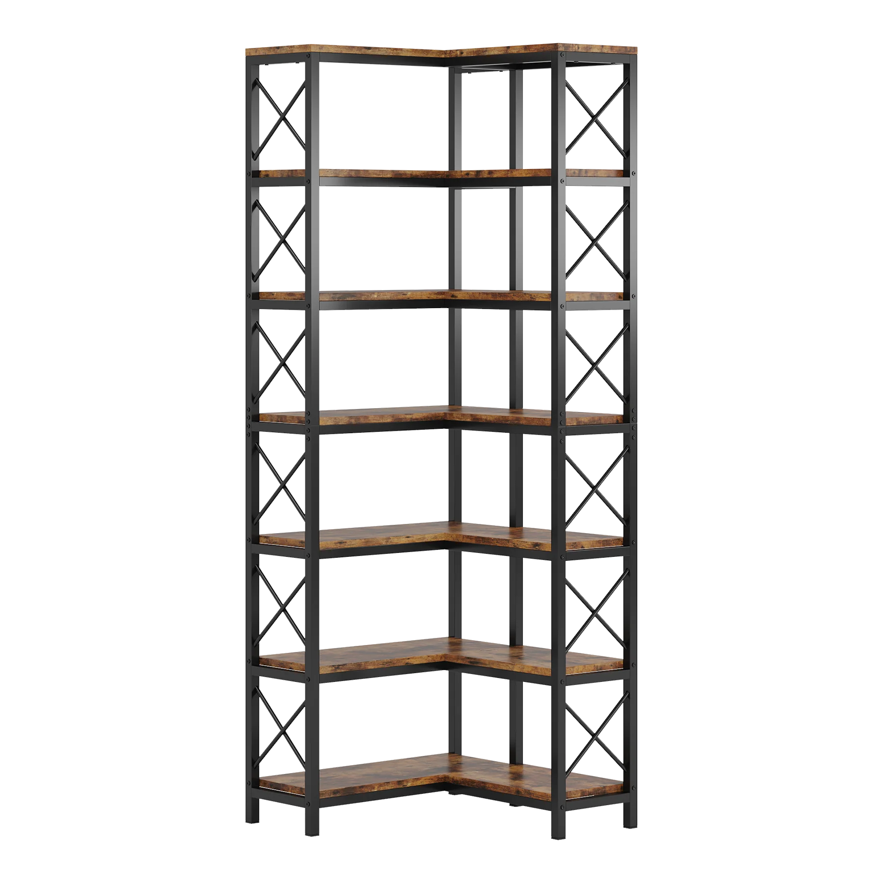 Rustic Brown Wood & Metal 7-Tier Corner Bookshelf