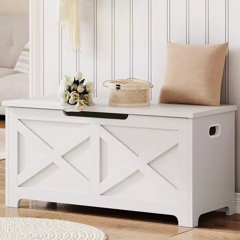 39.4 Storage Chest, Wooden Storage Bench with Safety Hinge, Easy Assembly, Farmhouse Style Large Toy Chest for Entryway, Living Room, Bedroom