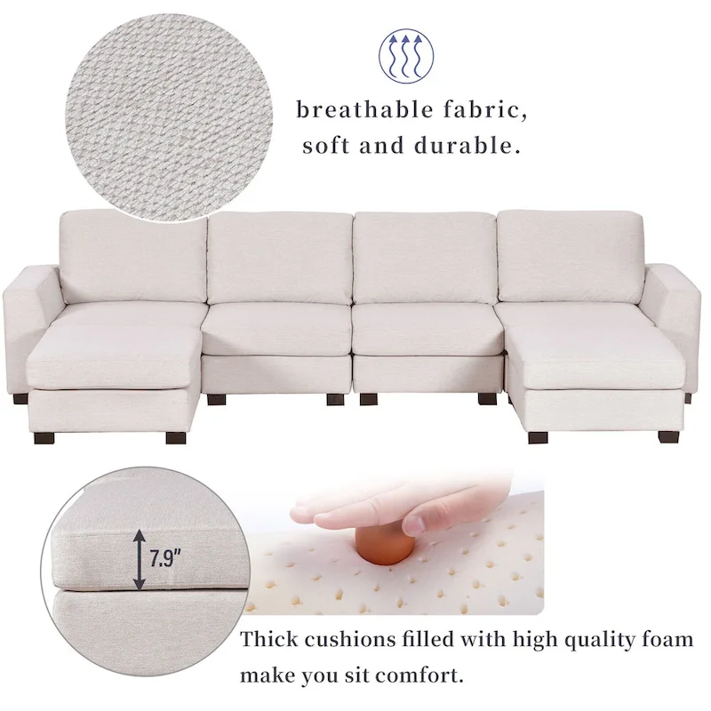 3 Pieces U shaped Sectional Sofa with 2 Removable Ottomans