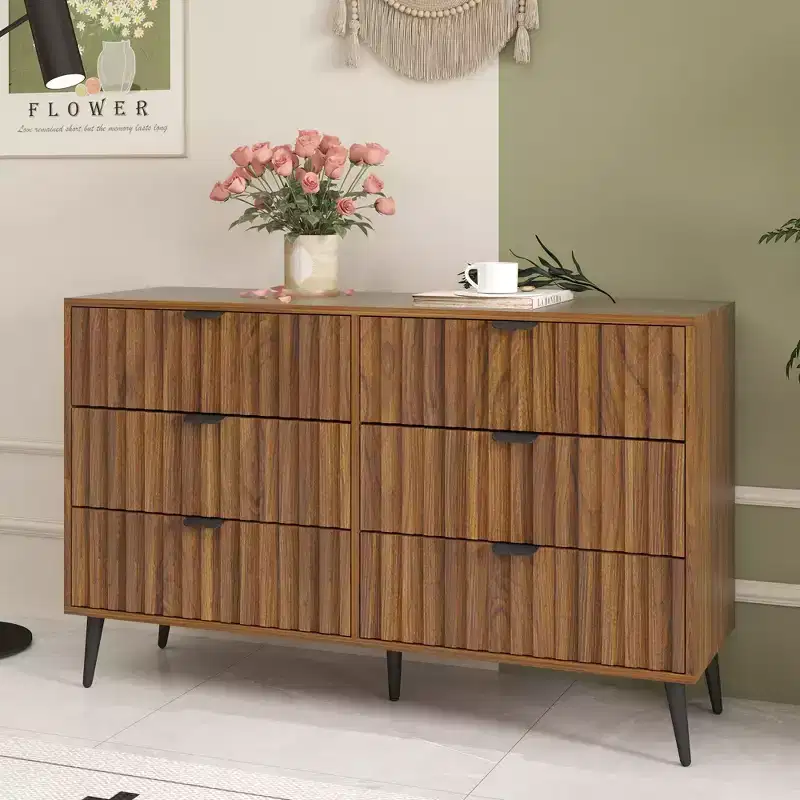 47 Fluted 6 Drawer Dresser, Modern Dressers for Bedroom, Wood Dresser Organizer Dresser with Blister Drawers,Brown
