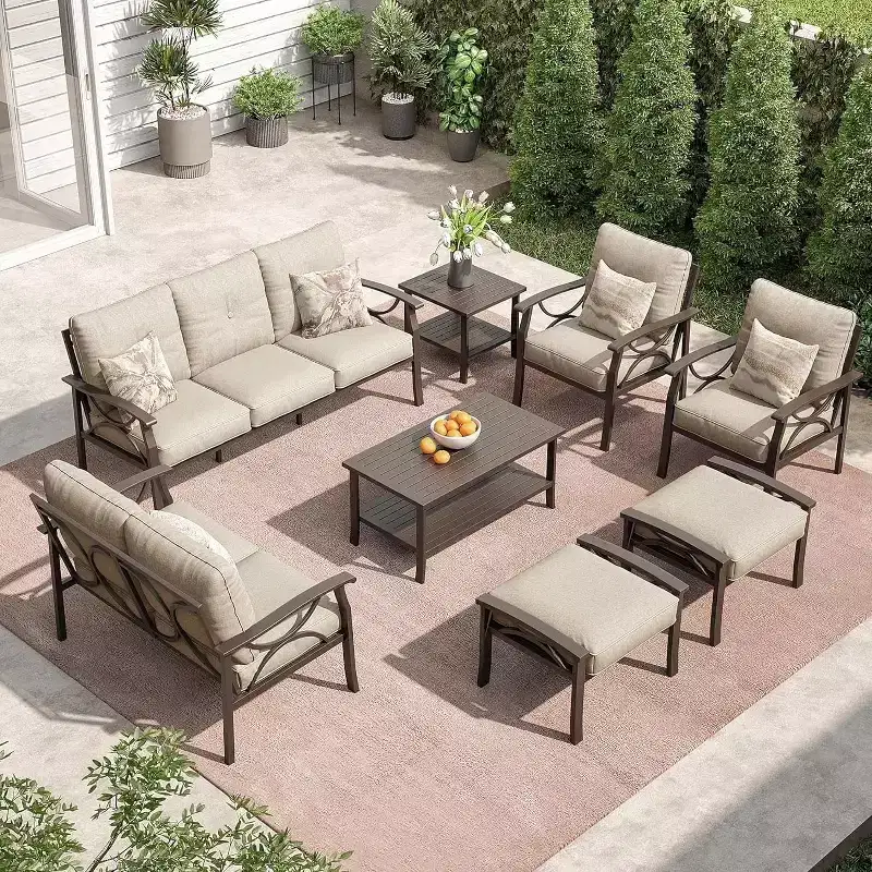 Heynemo Outdoor Patio Furniture Set, 8 Piece Patio Conversation Set with Coffee Table Side Table and Ottomans, Metal Furniture Set for Porch, Grey