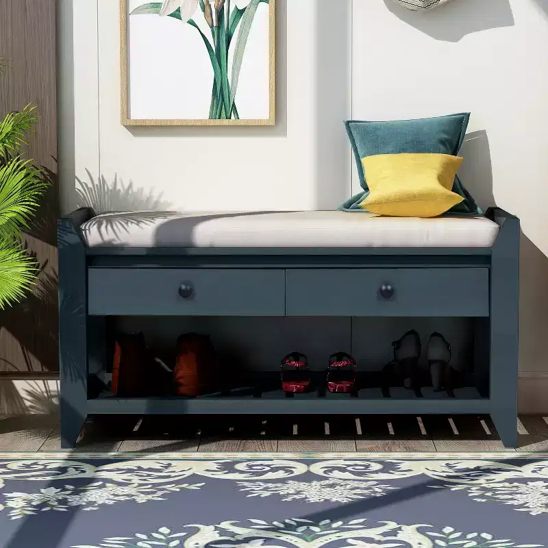 GDFStudio Judith Solid Wood Multipurpose Storage Bench With Cushioned Seat and Drawers