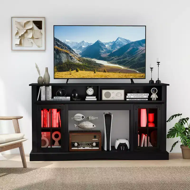 TV Stand w/LED Lights & Remote Control Storage Cabinets & Adjustable Shelves