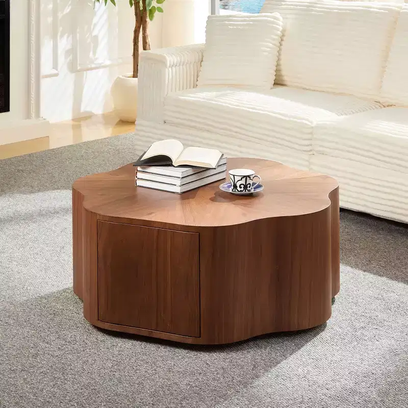 Round Rustic Coffee Table with Hidden Drawer – Petal-Shaped, 35.43