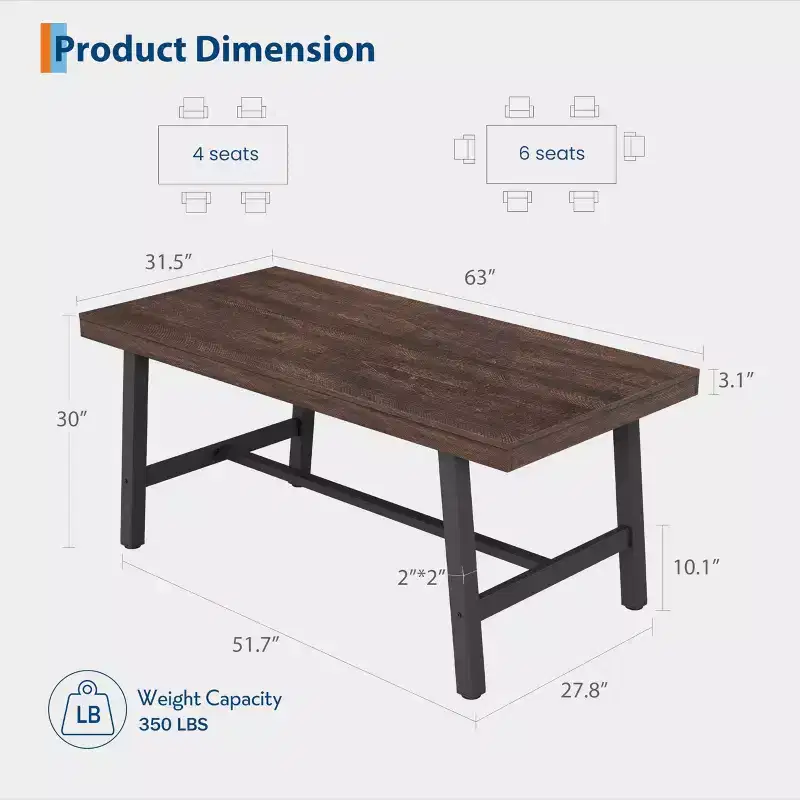 Industrial Rustic Dining Table for 4-6  63 Rectangular Tabletop with Heavy-Duty Metal Legs  Durable & Easy to Assemble Kitchen