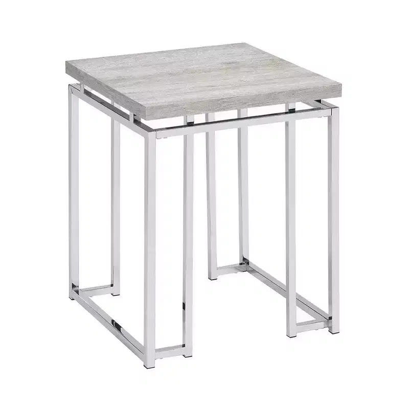 End Table – Rectangular Wood Top, Silver Metal Sled Legs, Brown & Silver