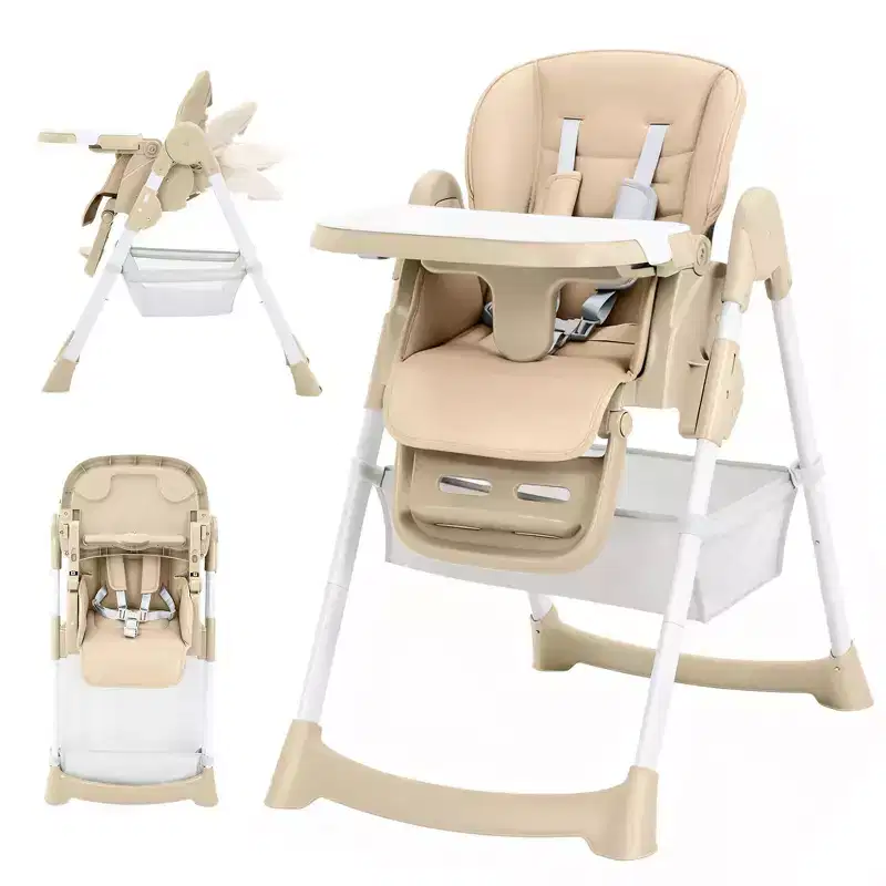 Foldable Baby High Chair with 5-Point Harness - Adjustable Height, Removable Tray & Locking Wheels, PU Leather Portable Highchair (Dark Grey)