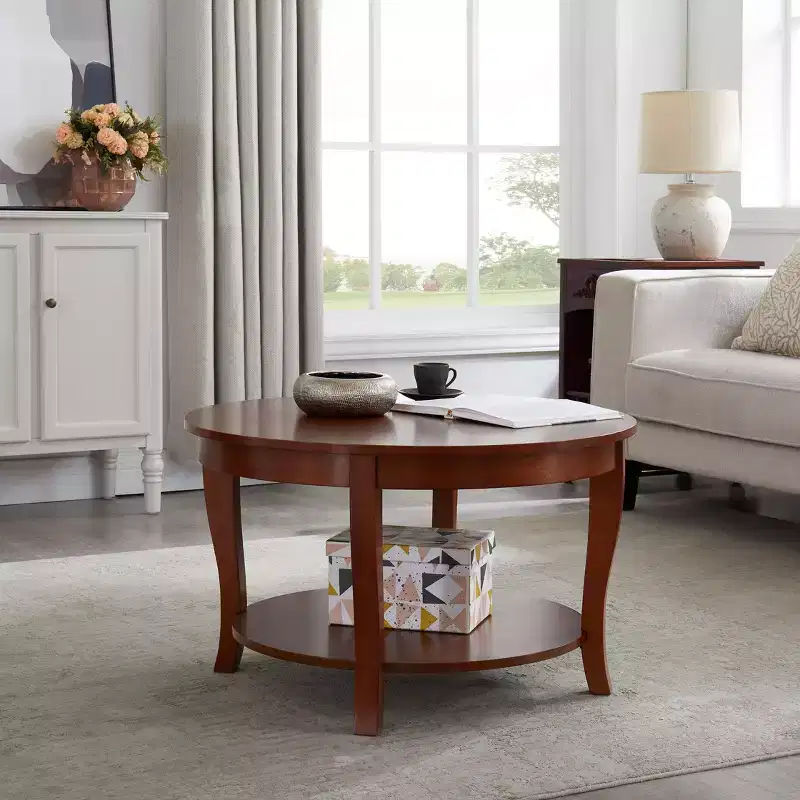 TUYOHW Elegant Oriental Coffee Table,2-Tier Tea Table for Living Room,Round Accent Table with Open Shelf,Storage Cocktail Table for Home Decor
