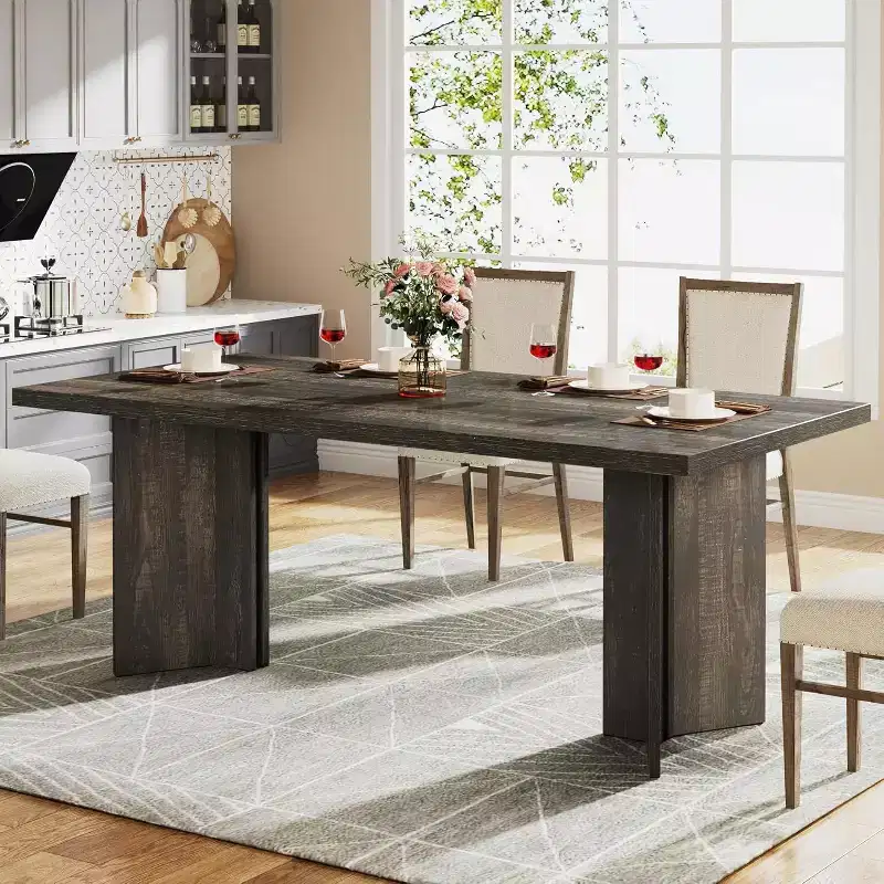 Vintage Wood Large Executive Desk Rectangle Dining Table, Long Modern Kitchen Dinner Table for Dining Room, Breakfast Nook