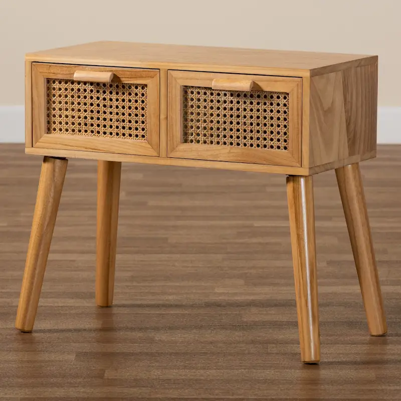 Falan Mid-Century Modern 2-Drawer Wood Console Table with Rattan-Oak