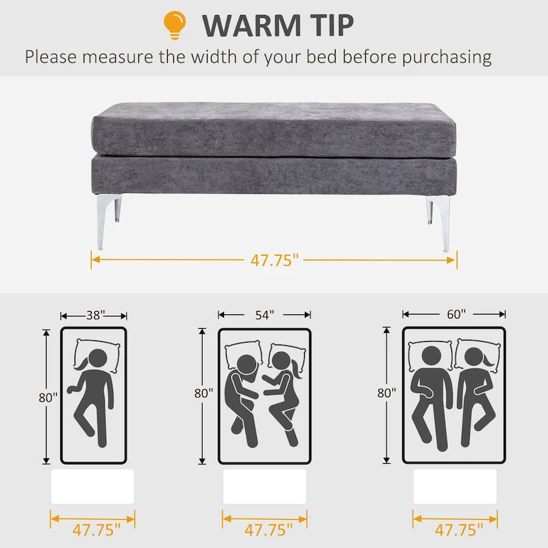 HOMCOM 48 End of Bed Bench, Upholstered Entryway Bench with Double Layer Seat Cushions and Steel Legs, Bedroom Bench, Dark Gray