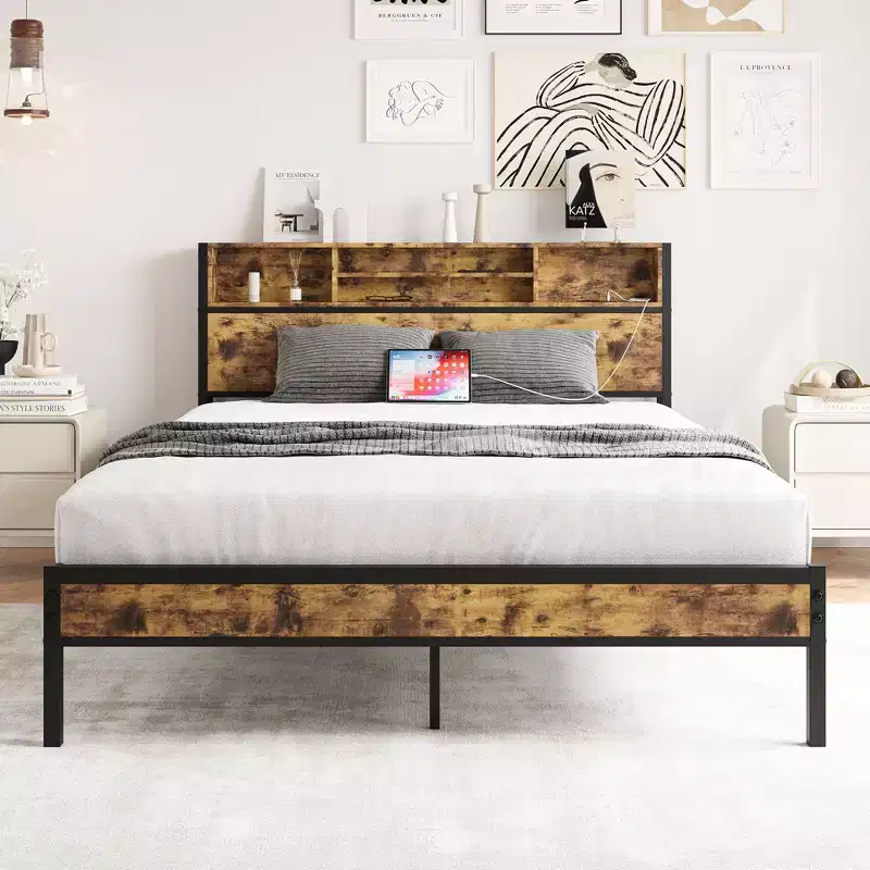 Queen Size Metal Bed Frame with Storage Headboard and Charging Station, Black