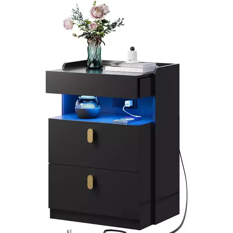 GALAXHERO Nightstand with LED Lights and Charging Station, with Sliding Top and 2 Drawers, Smart End Table for Bedroom or Living Room