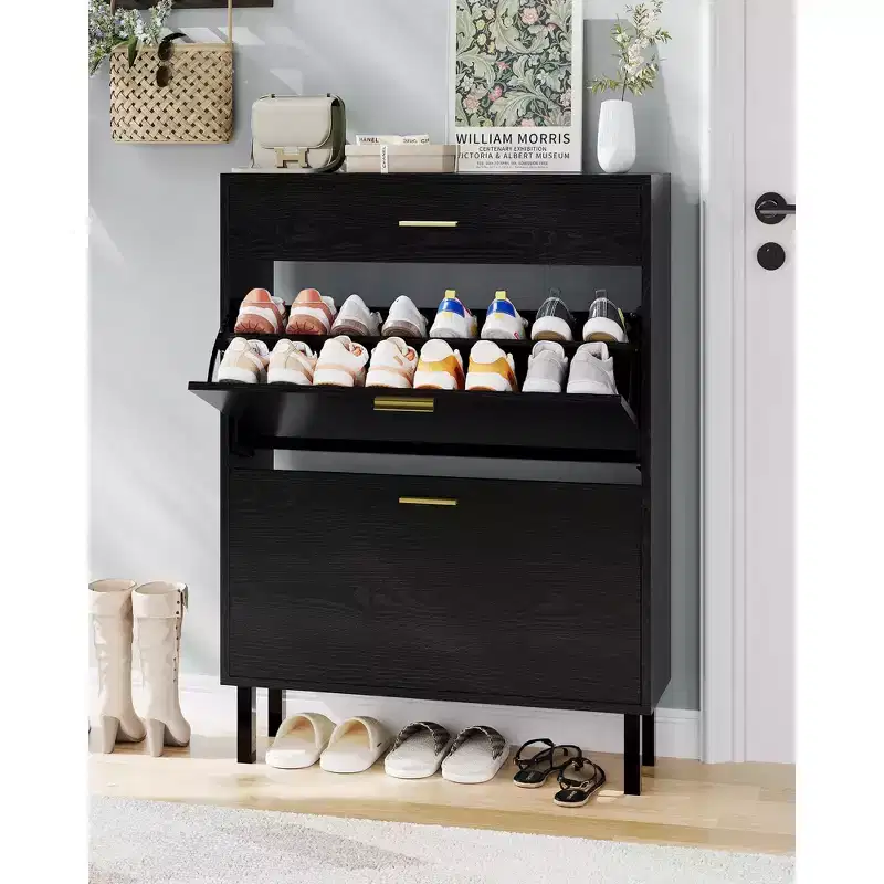 Dual Flip Drawer Shoe Storage Cabinet, Space-Saving Organizer for Entryway, Hallway, or Mudroom, Hidden Shoe Rack Cupboard for Neat and Tidy Storage