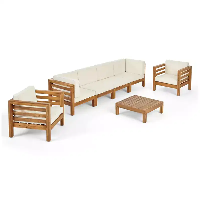 Christopher Knight Home Oana Outdoor Acacia Wood 6 Seater Sofa and Club Chair Chat Set with Cushions