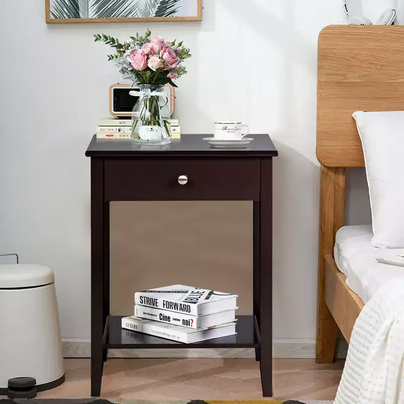 Nightstand End Table with Drawer & Open Shelf, MDF + Pine Legs, Minimalist Design