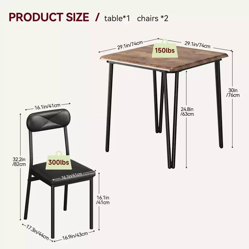 3 Piece Dining Table Set, with 2 Upholstered Chairs