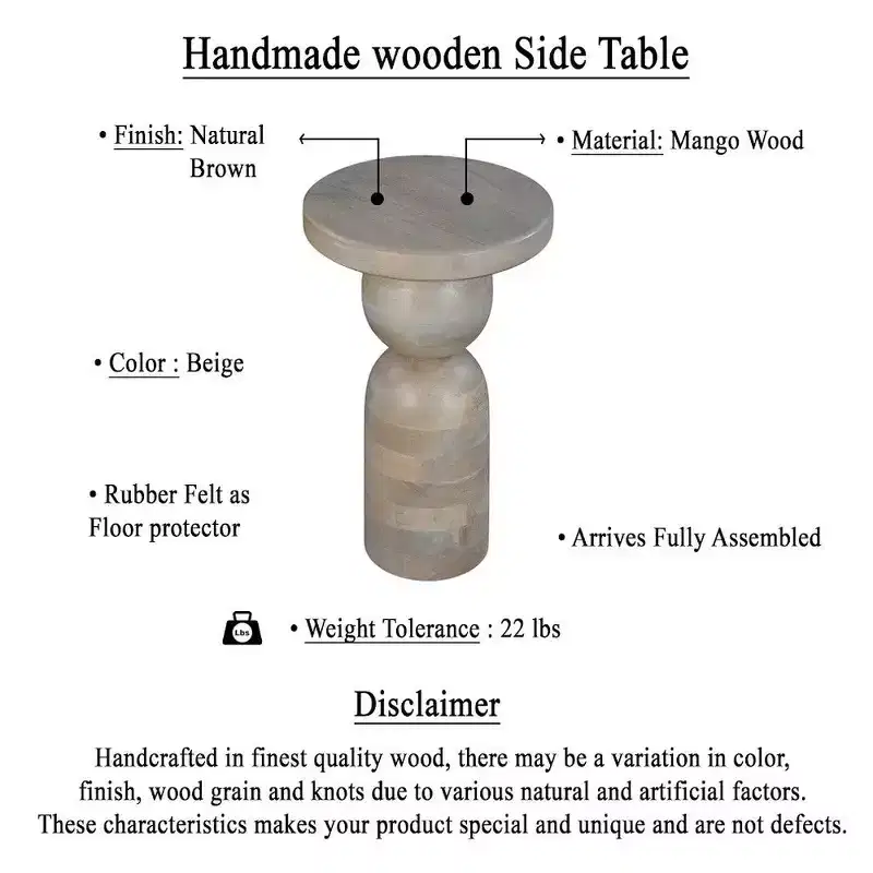Royal Hampton 12 Inch Round Side End Table, Turned Pedestal Base, Beige Mango Wood in Natural Brown Finish