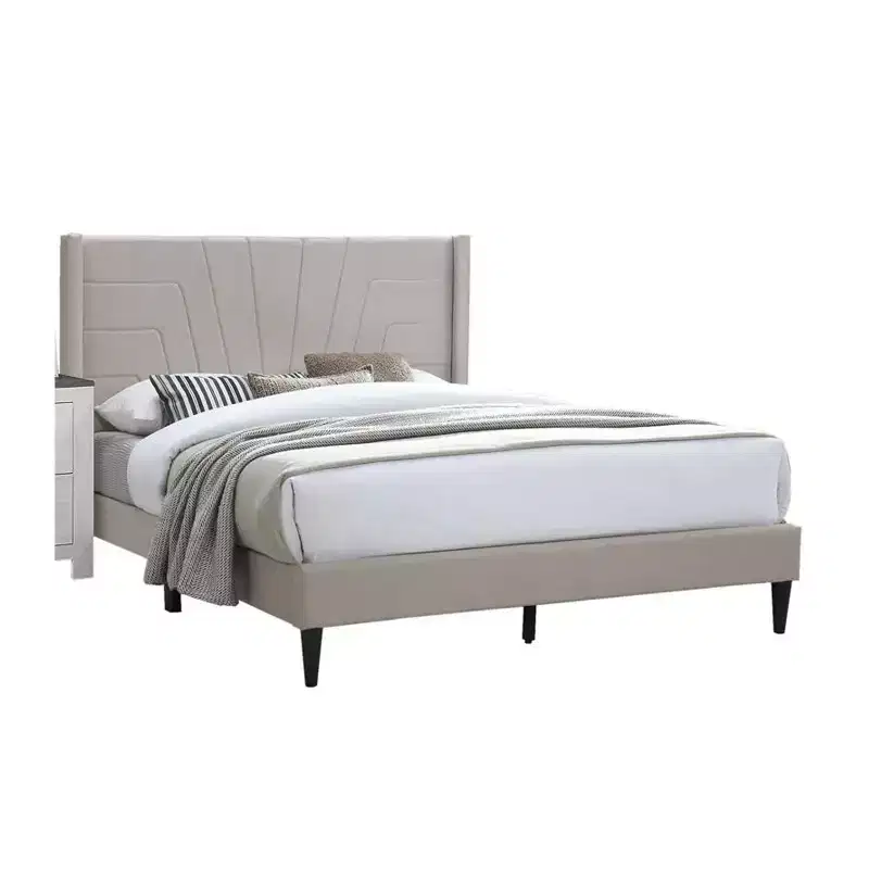 Queen Size Bed with Tufted Headboard, Brown Burlap Upholstery, Wood