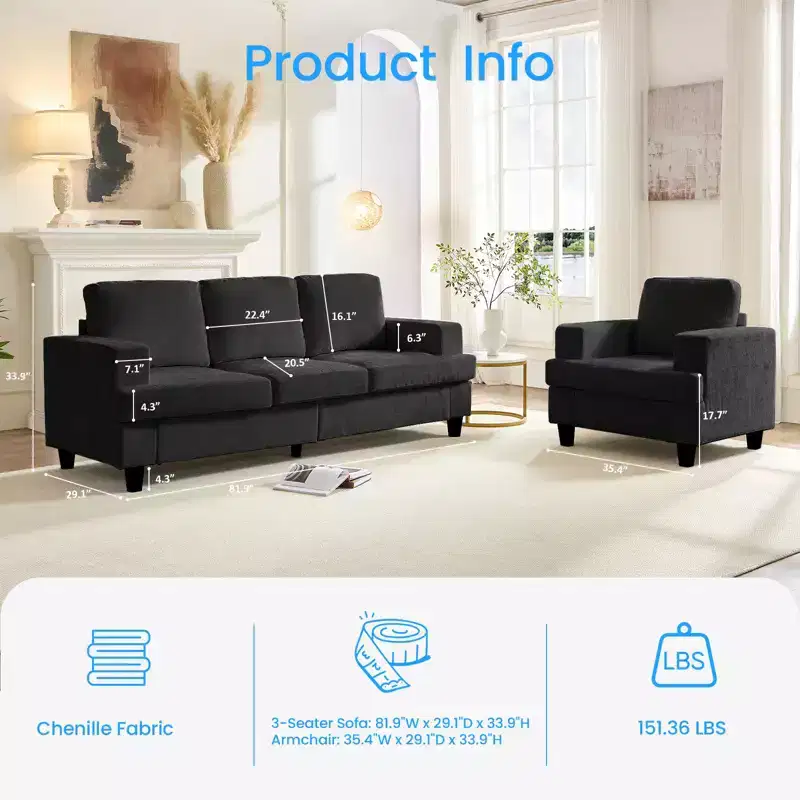Mjkone 82Chenille 3-Seat Straight Sectional Sofa with 56''Armchair,2 Piece Living Room Sectional Sofa Furniture Sets