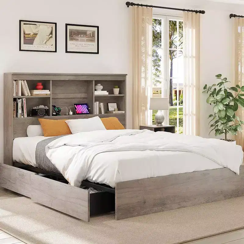Full/Queen Size Bed Frame with High Storage Bookcase Headboard, Wood Bed Frame with 4 Storage Drawers, Built in Charging Station