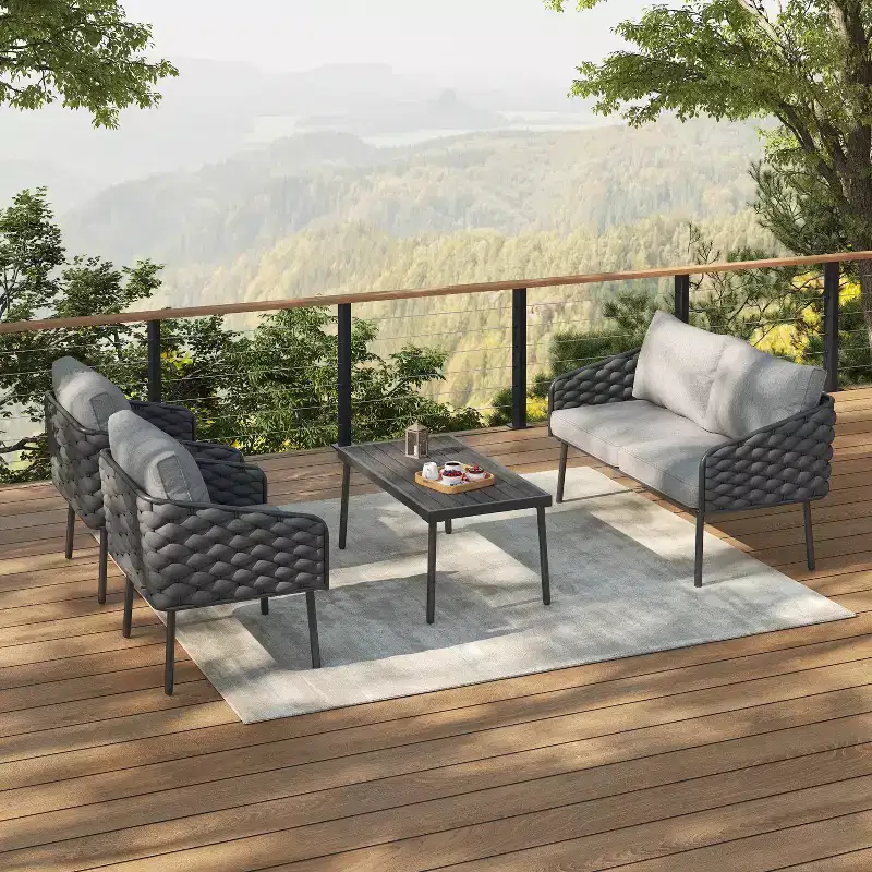 Christopher Knight Home Ebert 4 Piece Outdoor Modern Rope Weaving Metal Seating Set with Cushion
