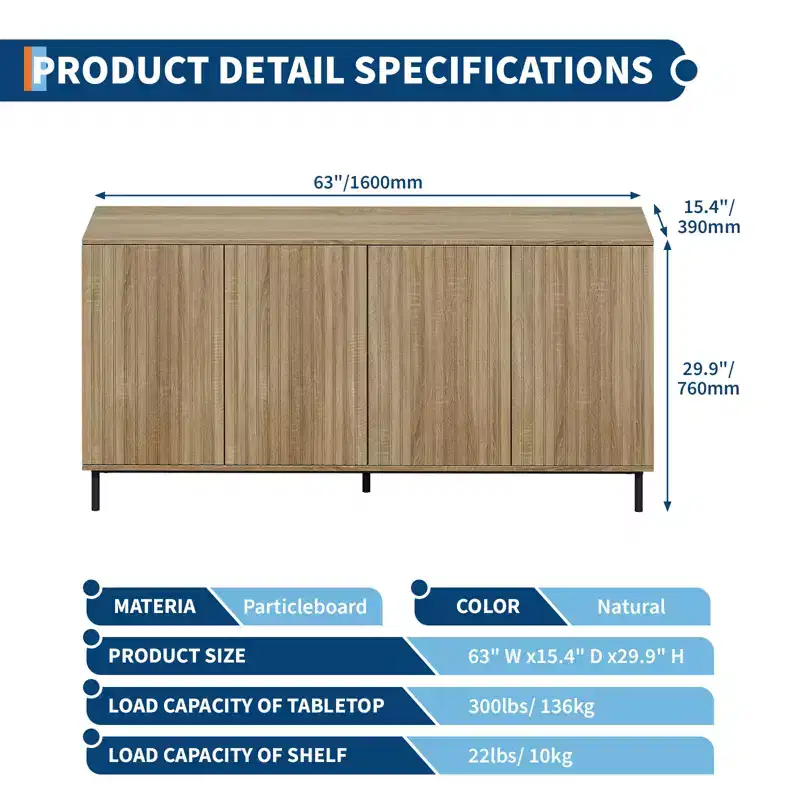 Sideboard Buffet Cabinet with 4 Doors, 63in Fluted Modern Accent Coffee Bar Credenza Storage Cabinet Console Table with Adjustable Shelves, Oak