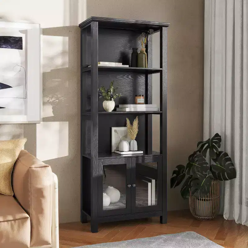 Modern Farmhouse Bookcase with Tempered Glass Cabinet Doors, 3 Shelves, 200 lb