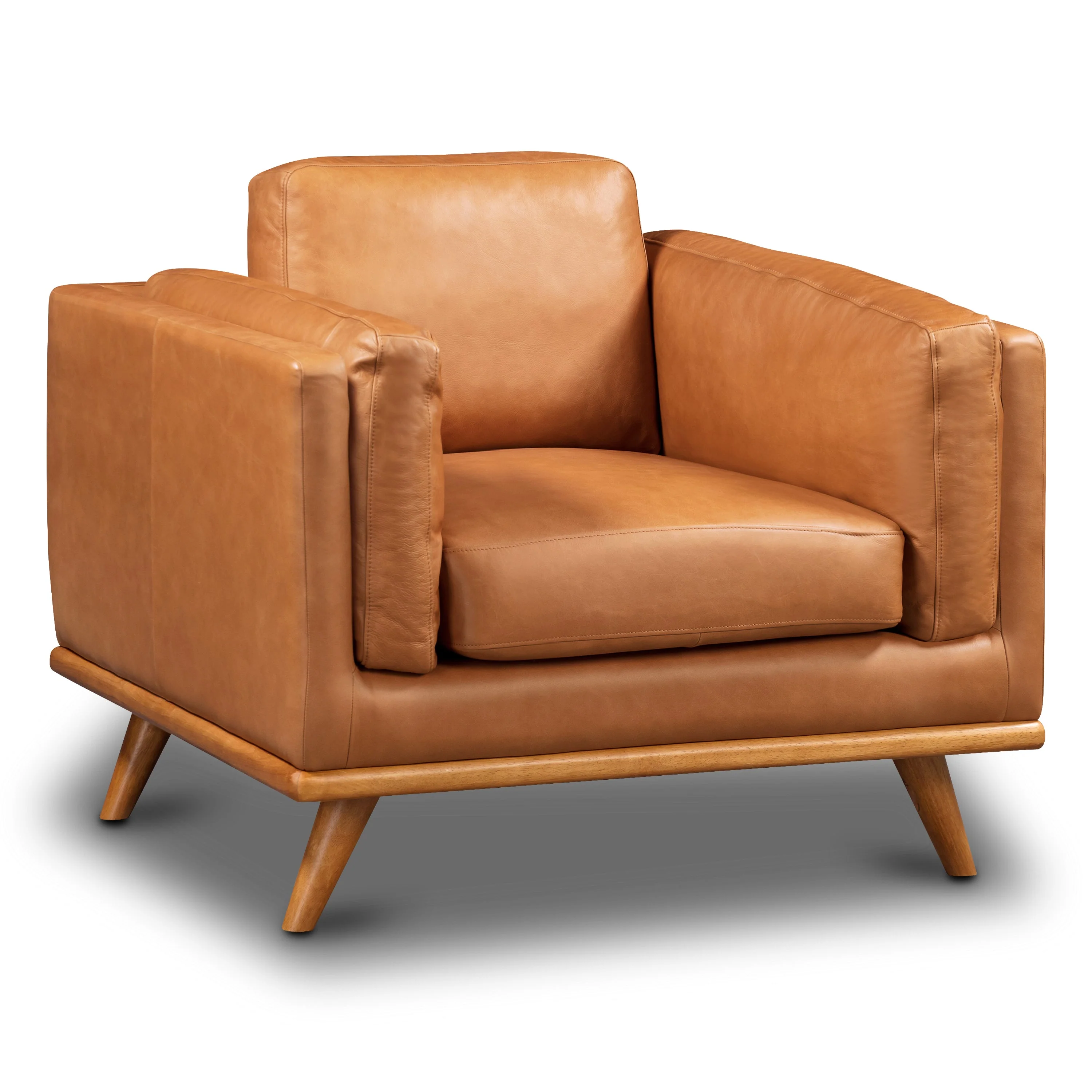 Modern Saddle Tan Leather Lounge Chair with Kiln-Dried Wood Frame
