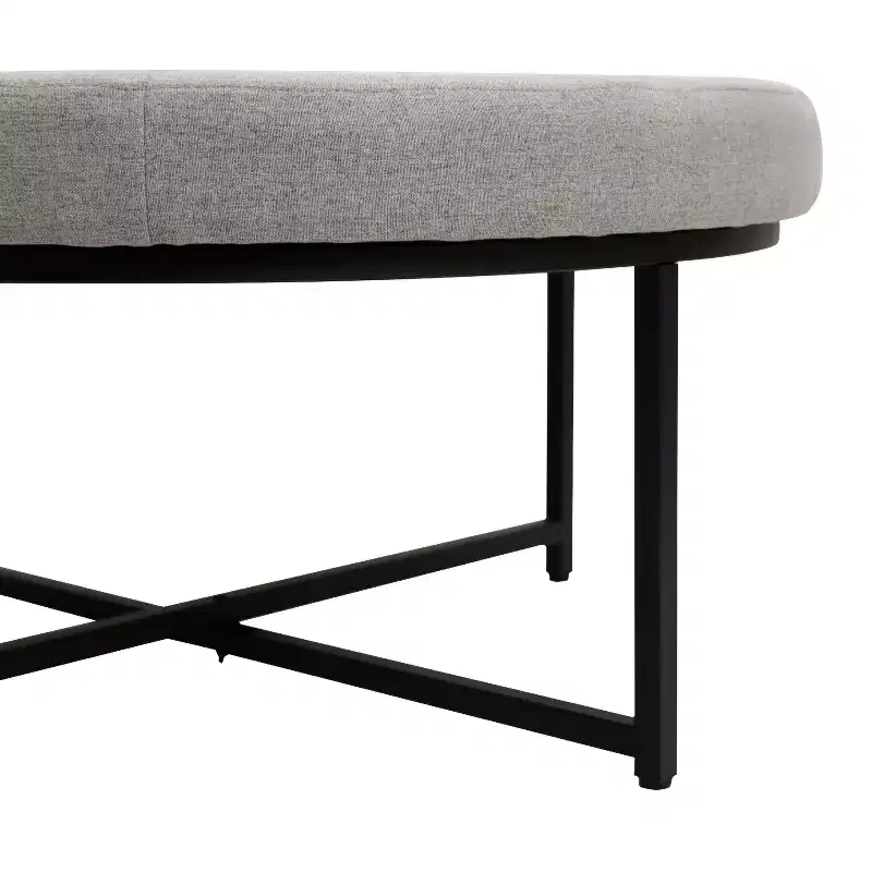 34 Round Cotton Linen Tufted Ottoman with Metal Frame