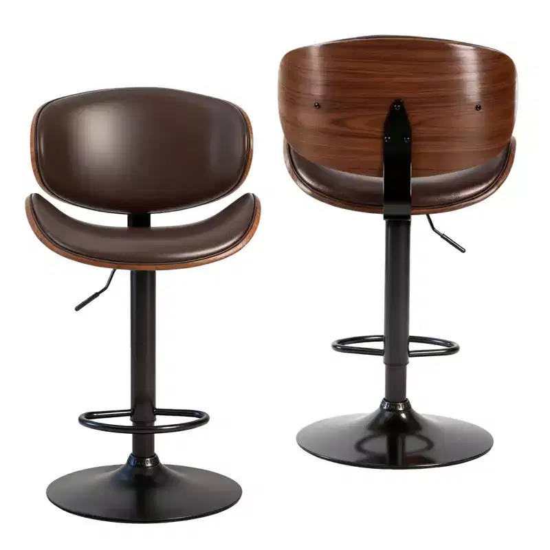 Brown and Black Faux Leather Wood And Aluminum Adjustable Height Swivel Bar Chairs