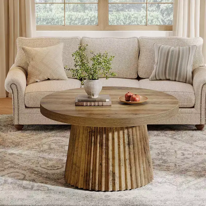 31.5 Small Round Coffee Tables with Fluted Drum Base, Farmhouse Accent Center Table for Living Room, Apartment, Small Space